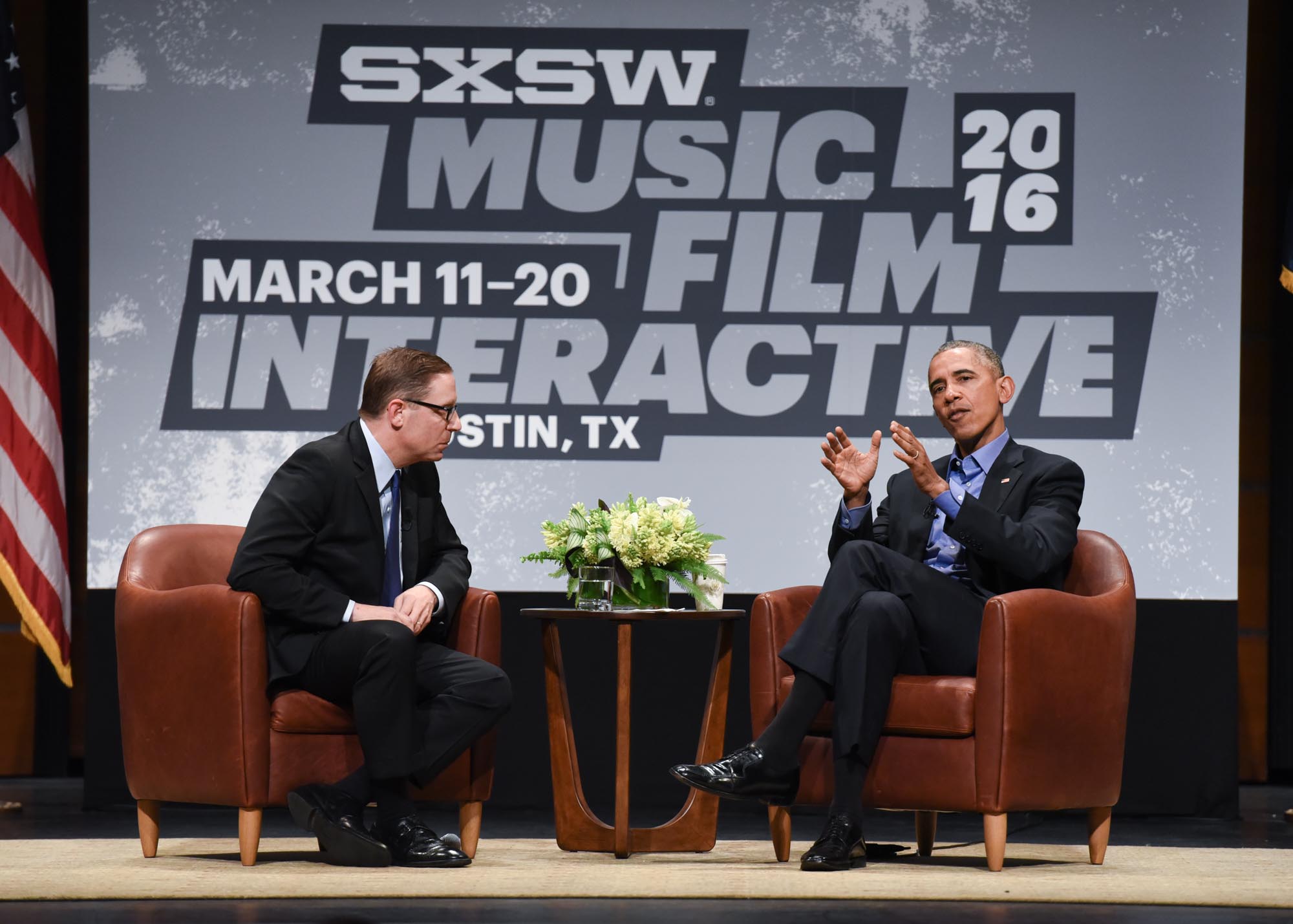 President Obama speaks with Evan Smith, CEO and Editor in Chief of the Texas Tribune, as part of the SXSW Interactive Keynote Conversation at The long Center on Friday, March 11, 2016. Erika Rich for American-Statesman