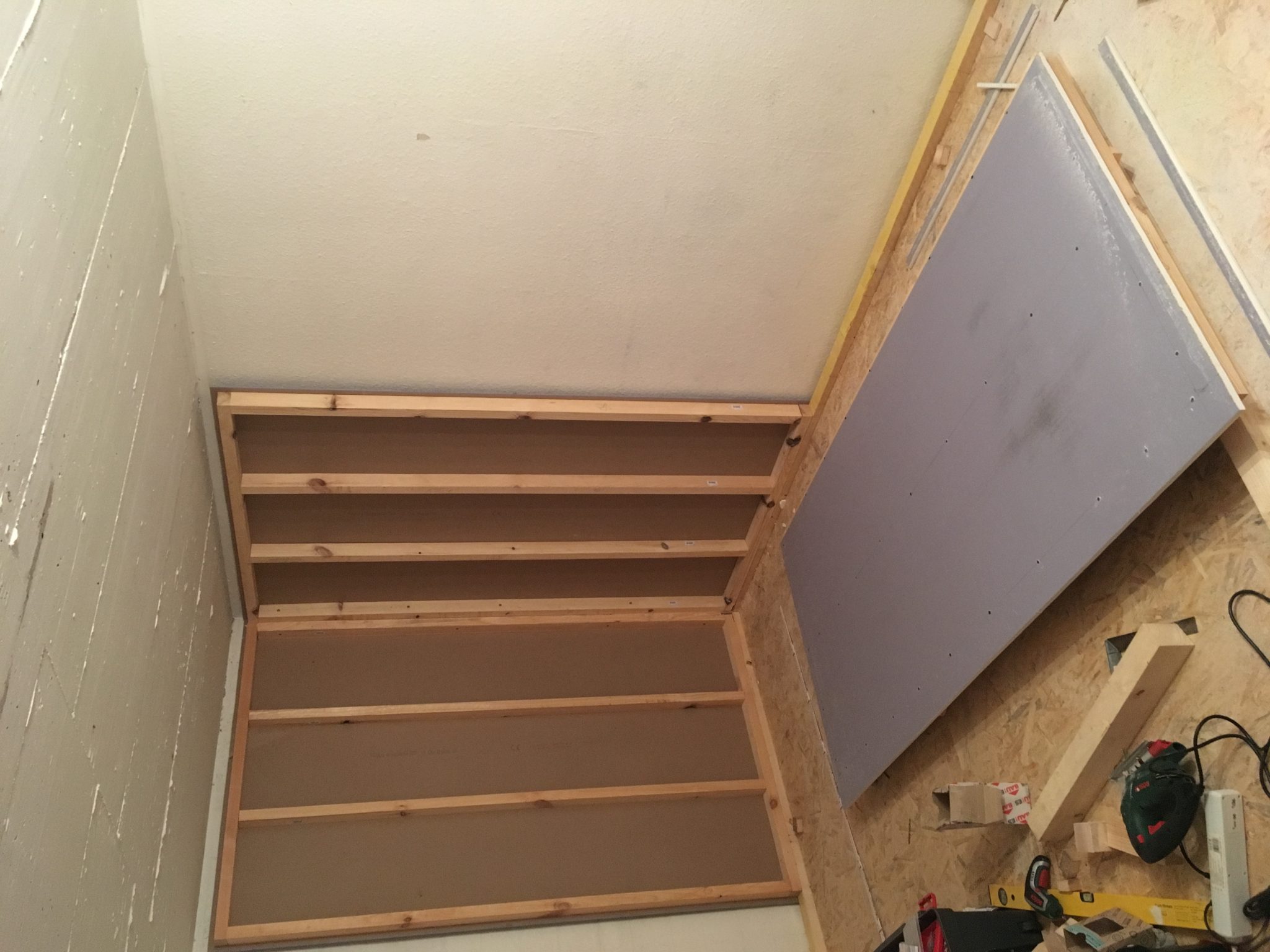 Starting with the framework for the wall segments which will have a soundproofing gypsum layer on the outside and the inside.