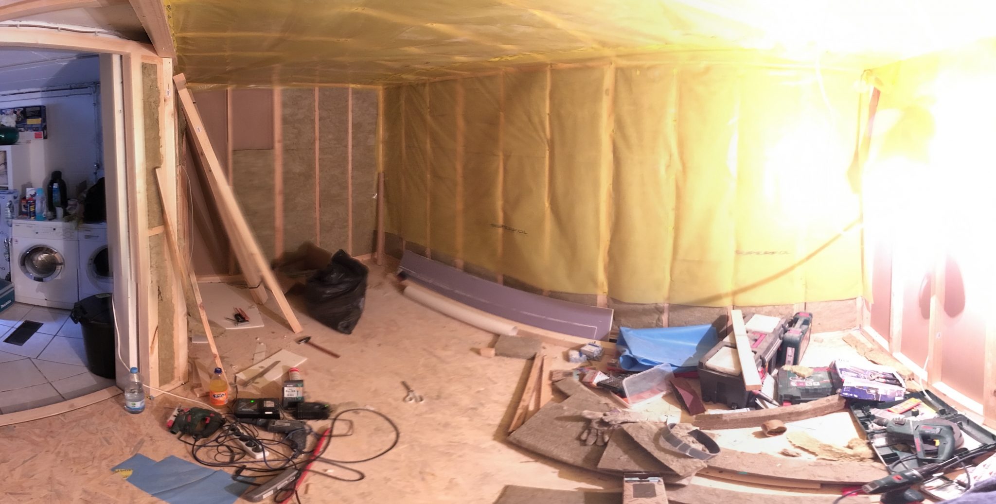 After the rest of the framework was done, we filled it with rock-wool and covered it with foil - preventing air moisture to get into it.