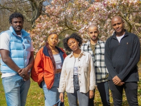 Black Artist Database's Niks pictured in the middle with co-founder Kay from far left-right: designers Bethan & Miles, and content creator Daniel. Photo credit Thomas Murray